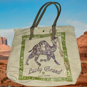 Lucky Brand Burlap Tote Indian Camel Bag Purse w Medallion